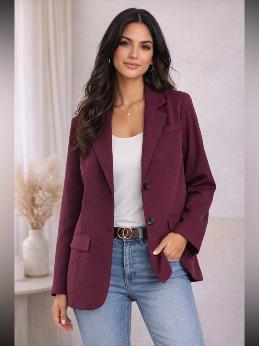 Womens Burgundy Blazer Jacket Button Notched Lapel Casual Loose Fit Size L